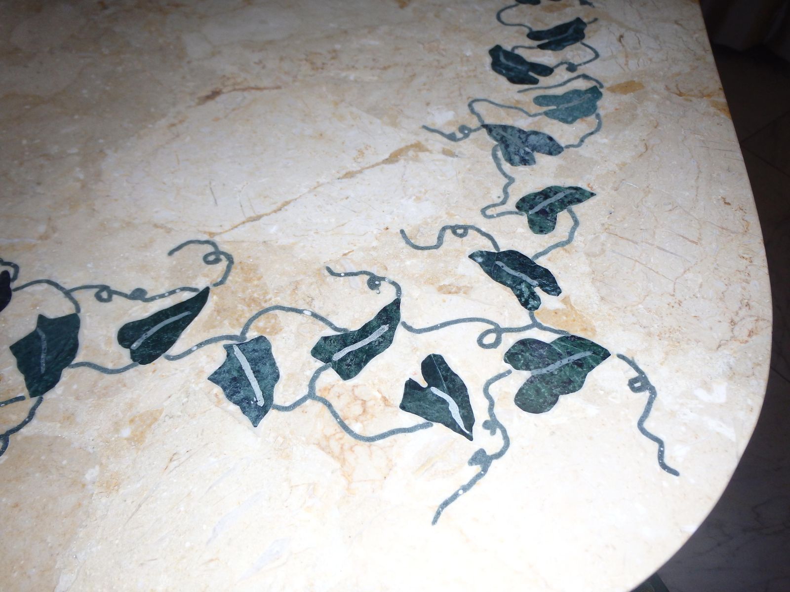 1940s Art Deco Wrought Iron Green Gold Console, Marble Top With Ivy Inlay photo furniture