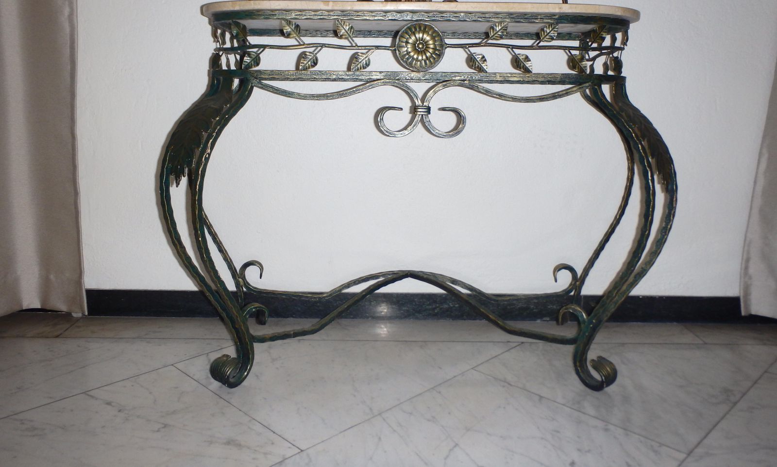 1940s Art Deco Wrought Iron Green Gold Console, Marble Top With Ivy Inlay photo Furniture