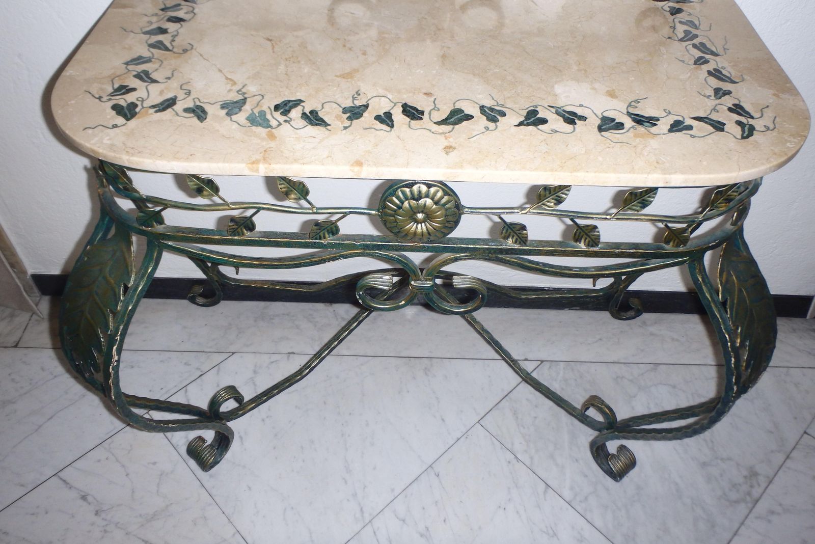 1940s Art Deco Wrought Iron Green Gold Console, Marble Top With Ivy Inlay photo 2697.0