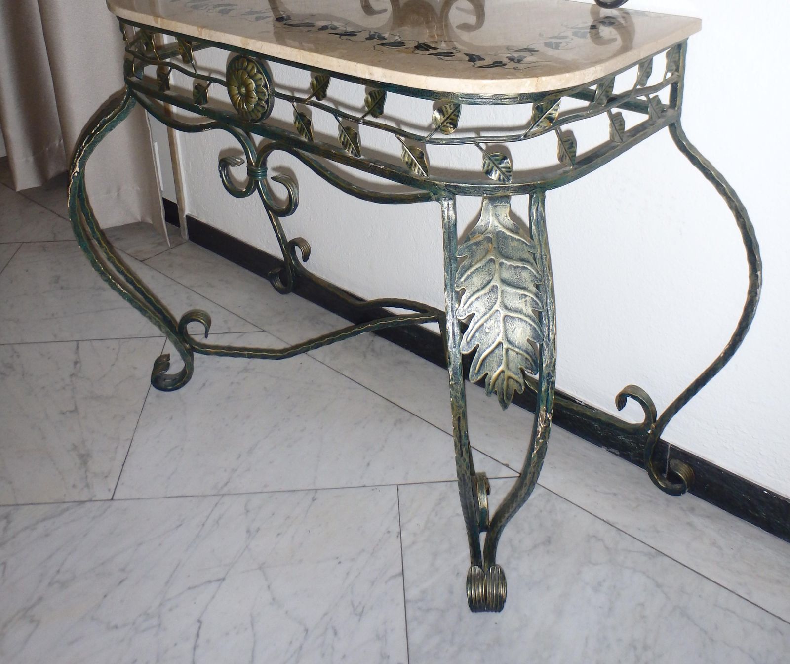 photo furniture 1940s Art Deco Wrought Iron Green Gold Console, Marble Top With Ivy Inlay