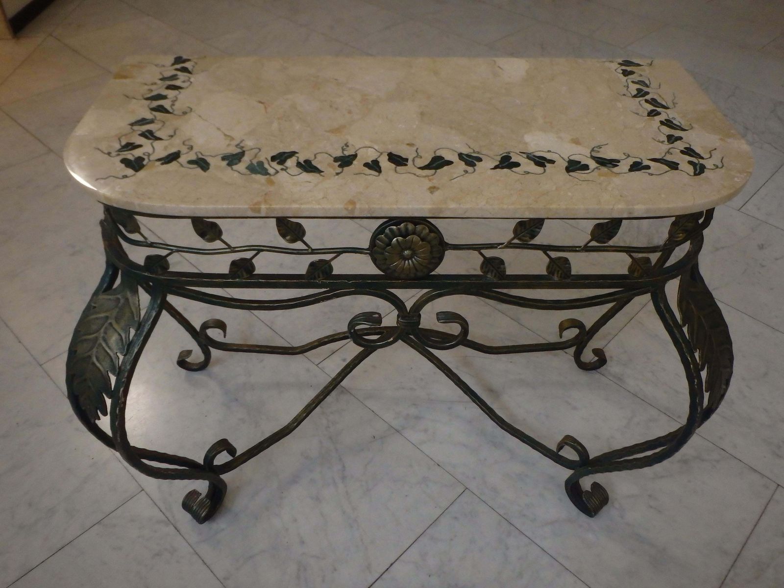 photo buy 1940s Art Deco Wrought Iron Green Gold Console, Marble Top With Ivy Inlay