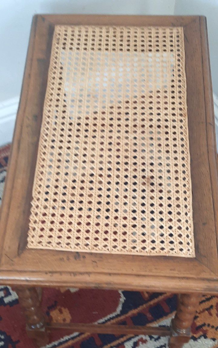 Vintage Oak Duet Bench Stool With Bobble Turned Legs Woven Cane Rattan Seat. photo buy