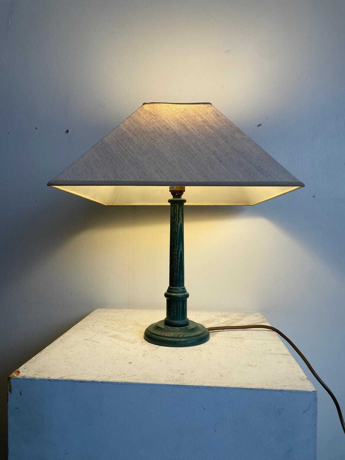Vintage Green Stained Pine Table Lamp 80s 90s Square Shade photo furniture