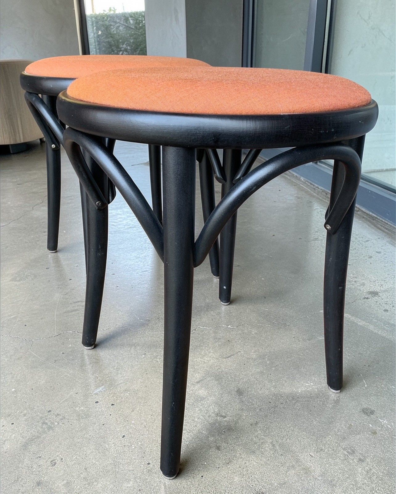 Pair Of Ton No.60 Ebonised Beechwood Stools Terracotta Seats Thonet Heritage photo for sale