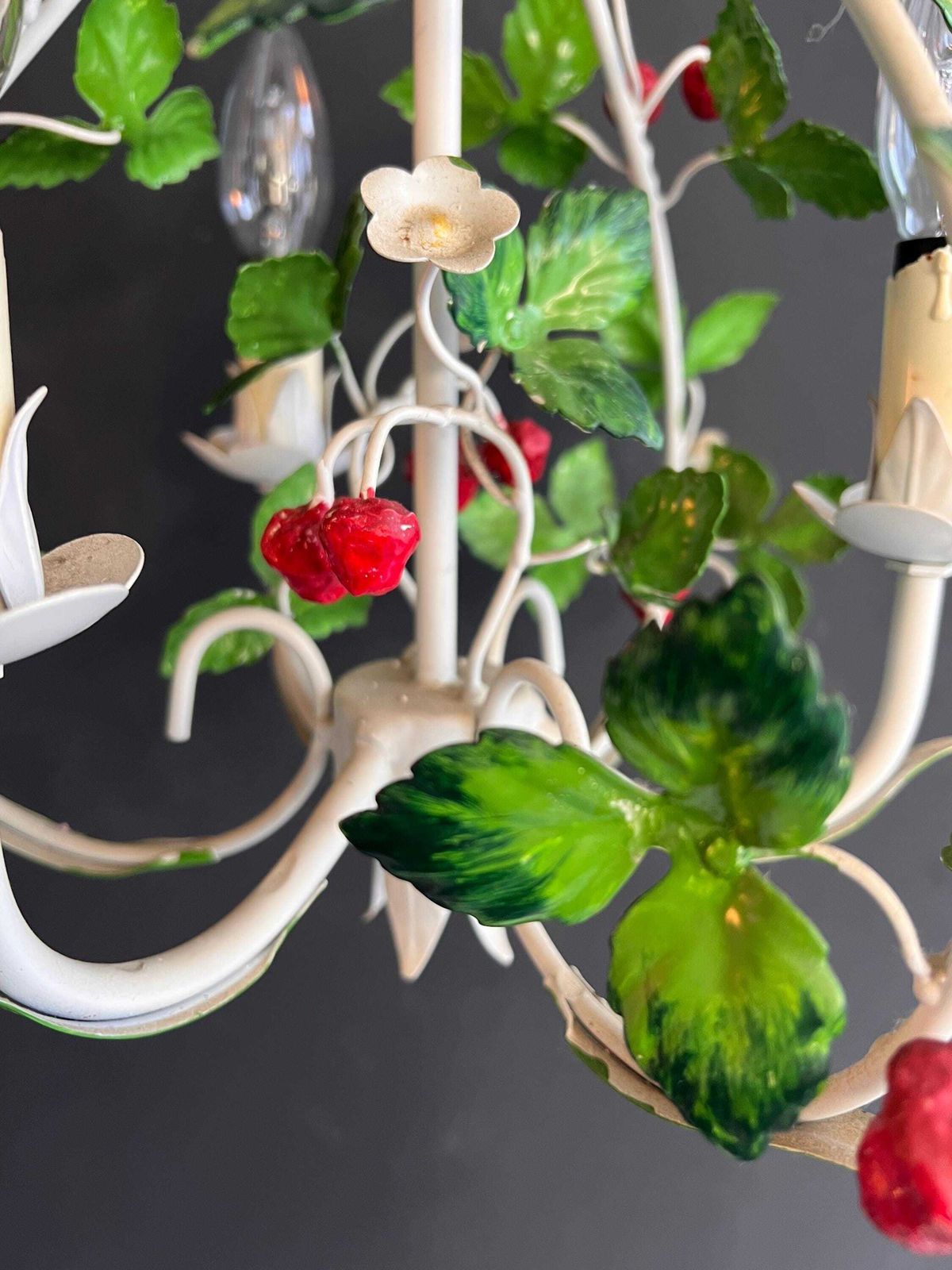Vintage Italian Toleware Strawberry Chandelier   1950s Florentine Floral Light photo Lighting
