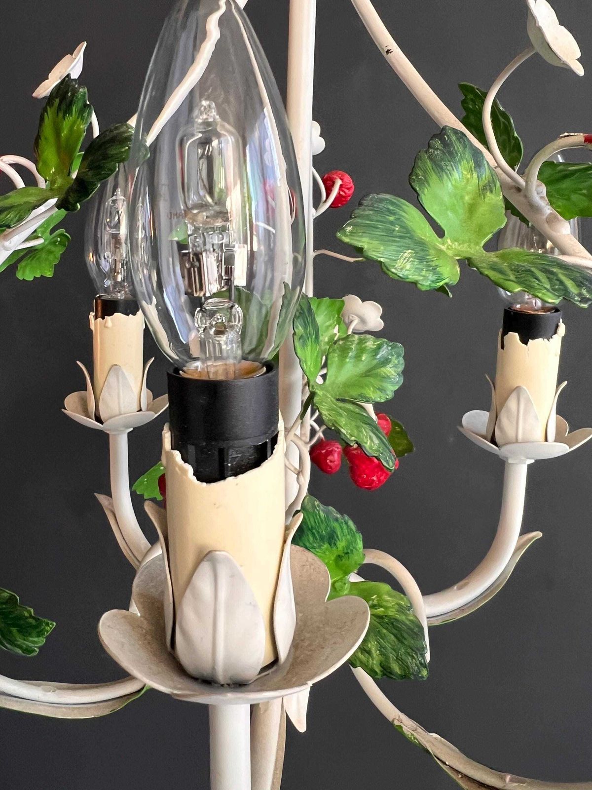 Vintage Italian Toleware Strawberry Chandelier   1950s Florentine Floral Light photo 471.0
