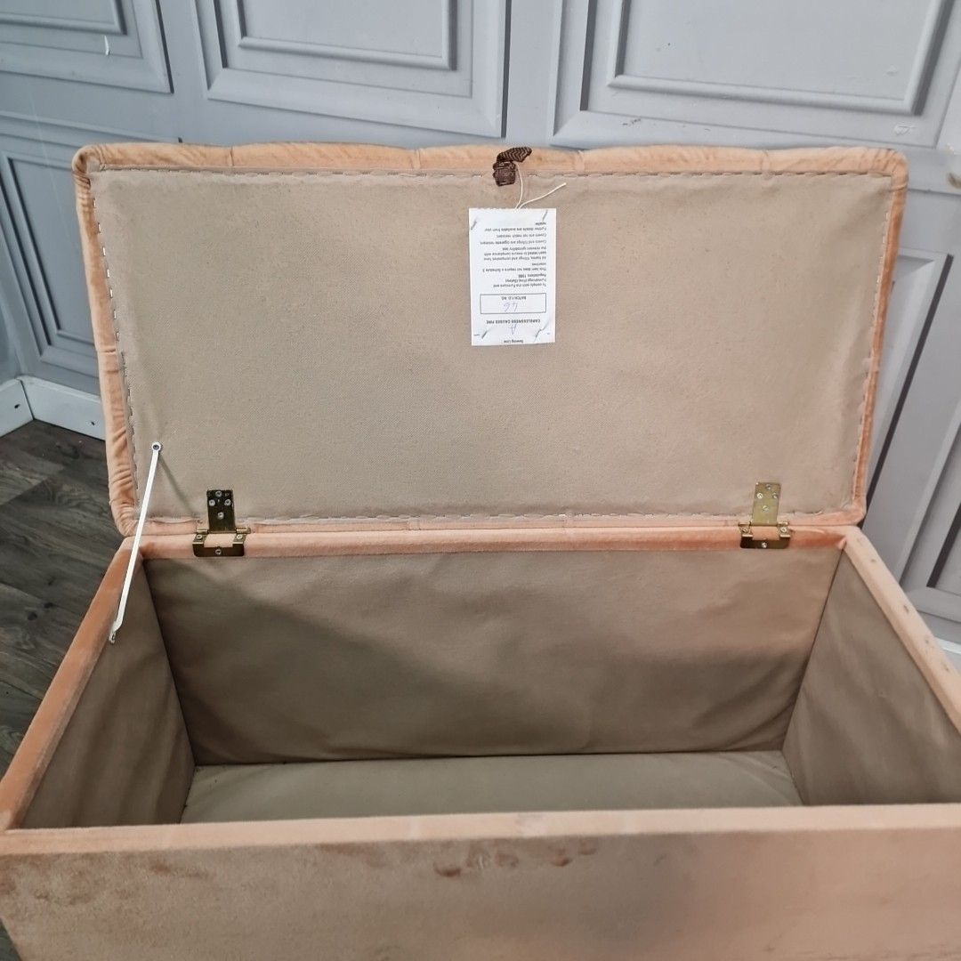 photo for sale Vintage Blanket Box Ottoman – Velvet Upholstery – Buttoned Lid Storage Trunk