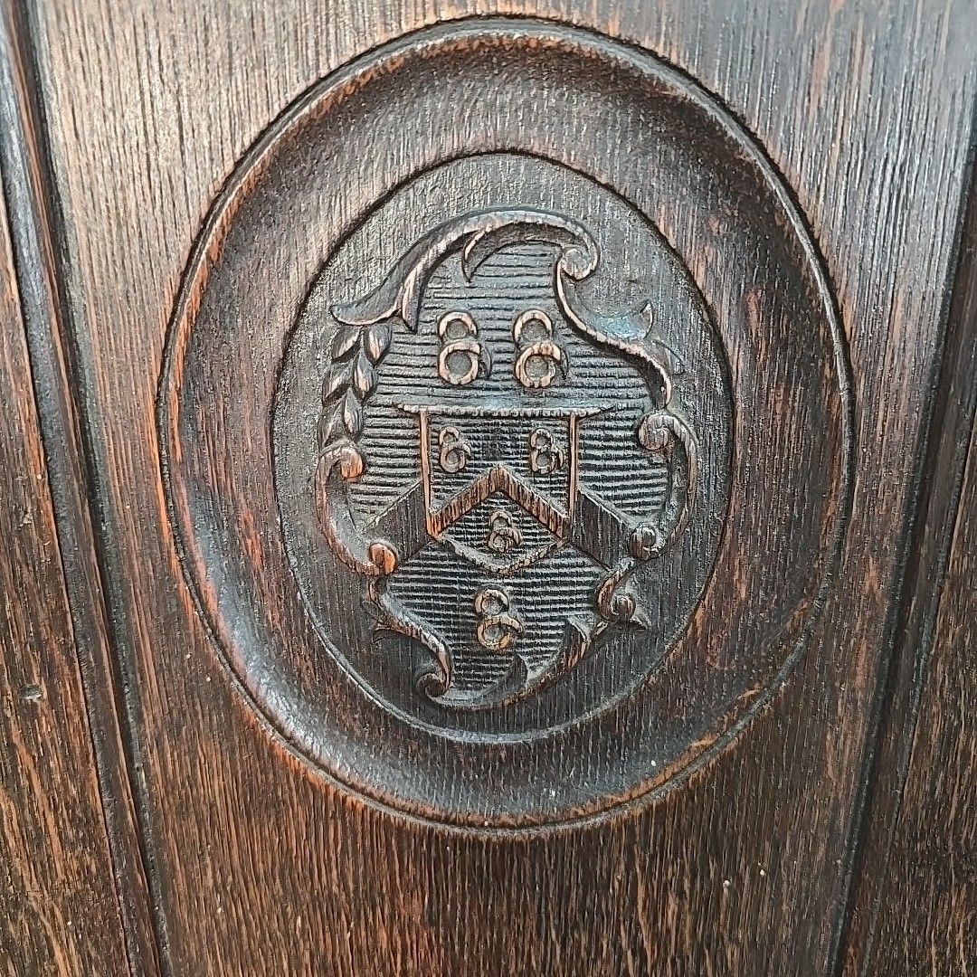 photo for sale Antique Hall Chair Gothic Revival – Carved Solid Oak Heraldic Crest Entrance
