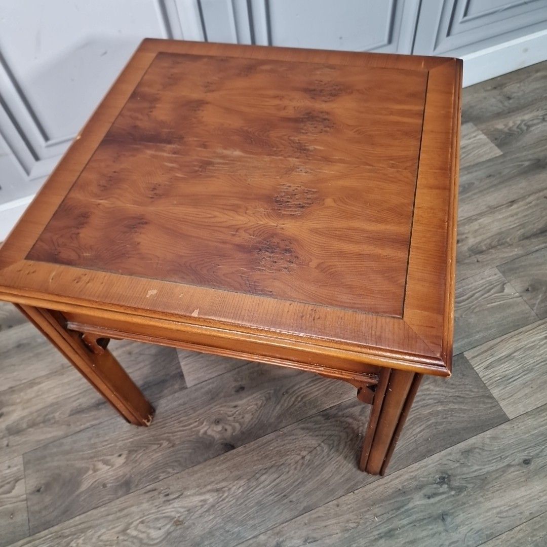 Vintage Wooden Side Table – Parquet Inlaid Top – Square Lamp Coffee Retro photo for sale
