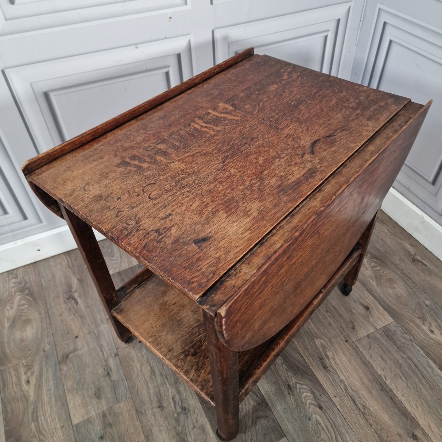 Vintage Drinks Table Trolley Drop Leaf Cocktail Tea Mid Century Oak Solid Wooden photo for sale