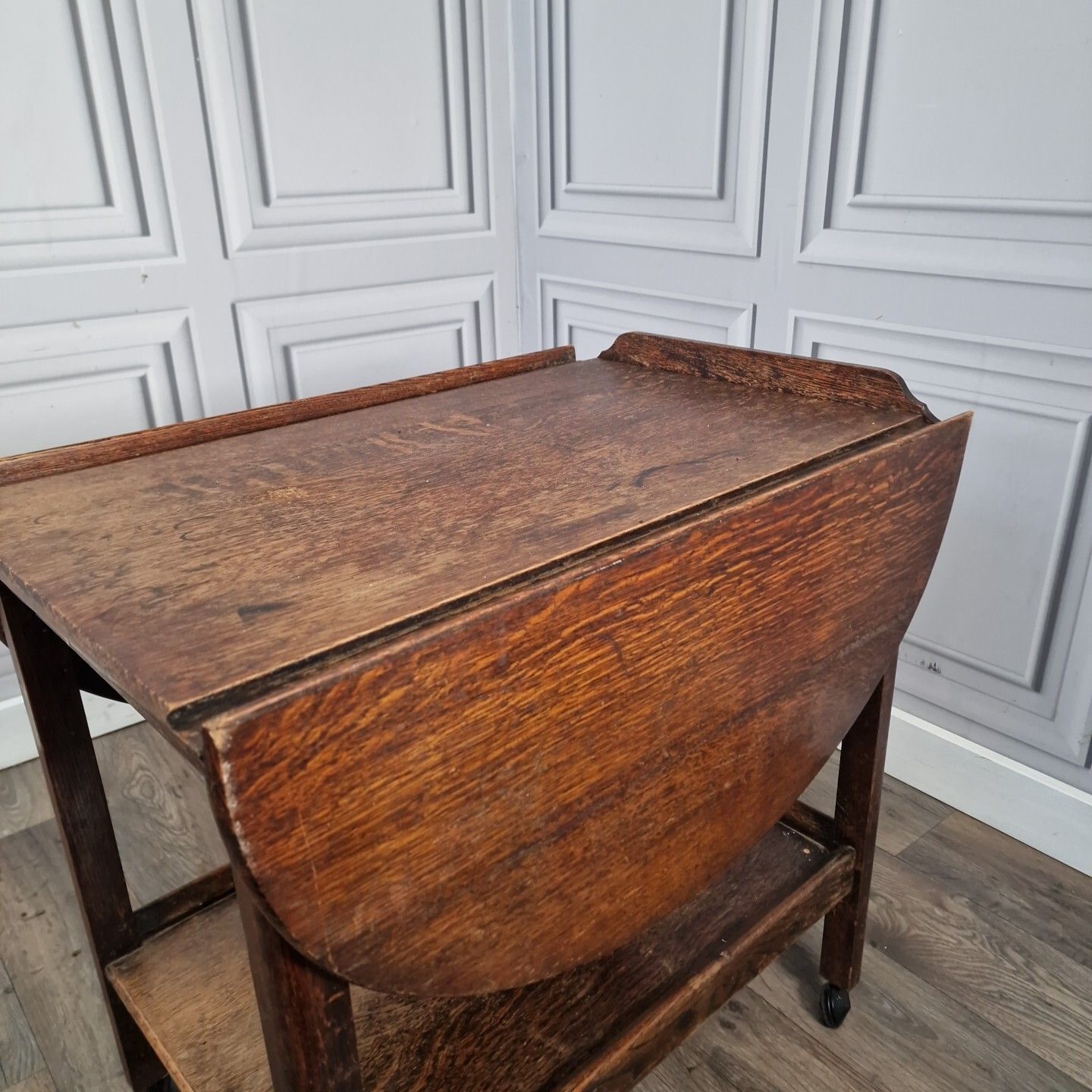 Furniture Vintage Drinks Table Trolley Drop Leaf Cocktail Tea Mid Century Oak Solid Wooden photo