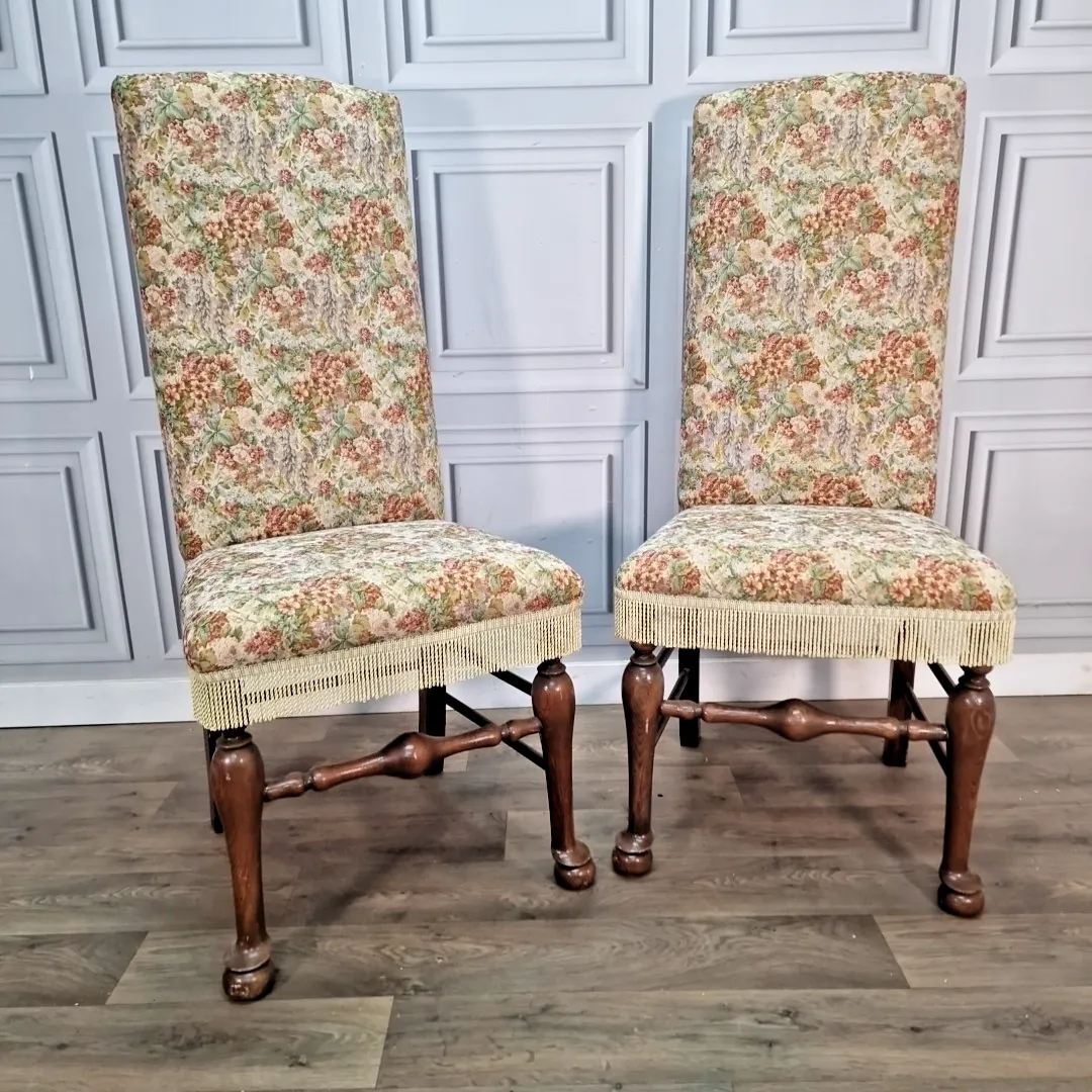 Vintage Oak Hall Chairs Pair – Floral Fabric – Bedroom Seats Antique Style