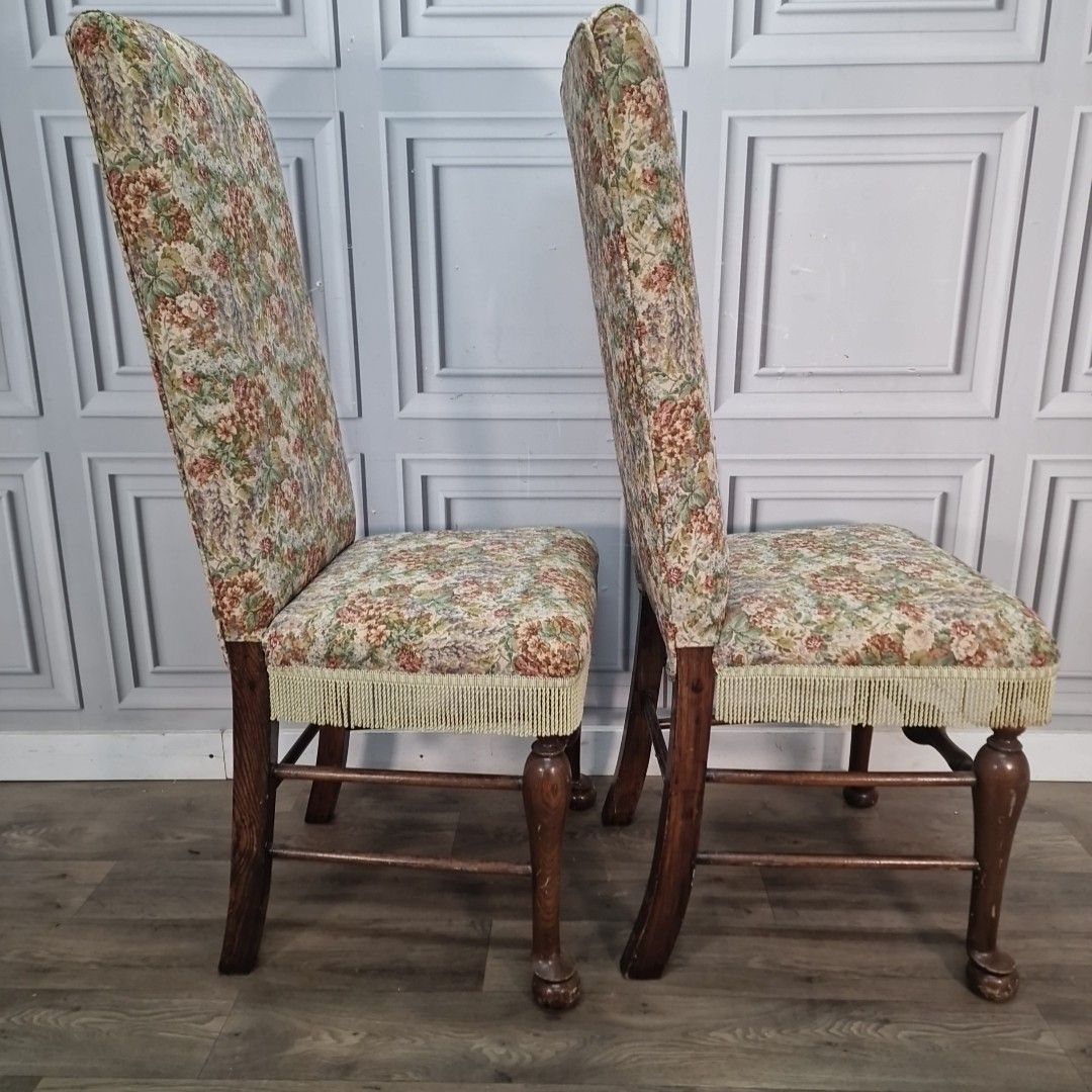 Furniture Vintage Oak Hall Chairs Pair – Floral Fabric – Bedroom Seats Antique Style photo