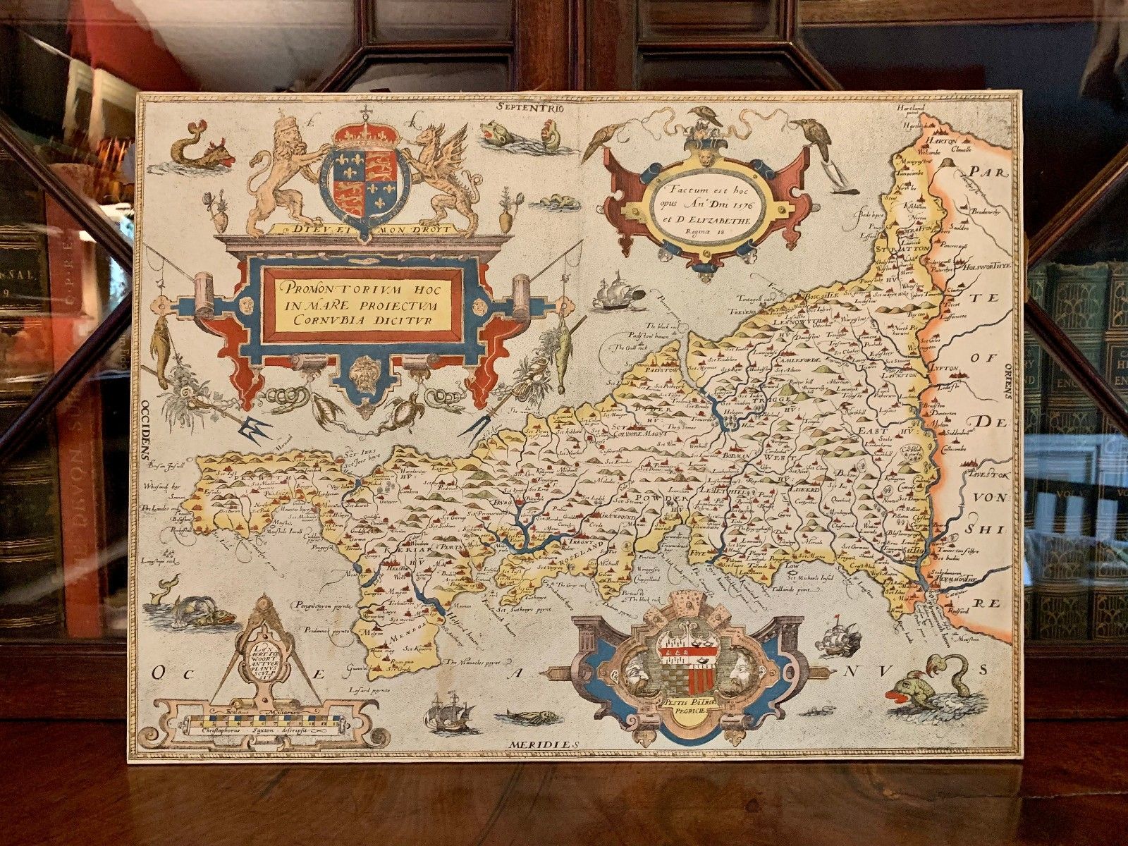 Antique Saxton Map Of Cornwall 1576 British Museum Gilded Hand Coloured Large