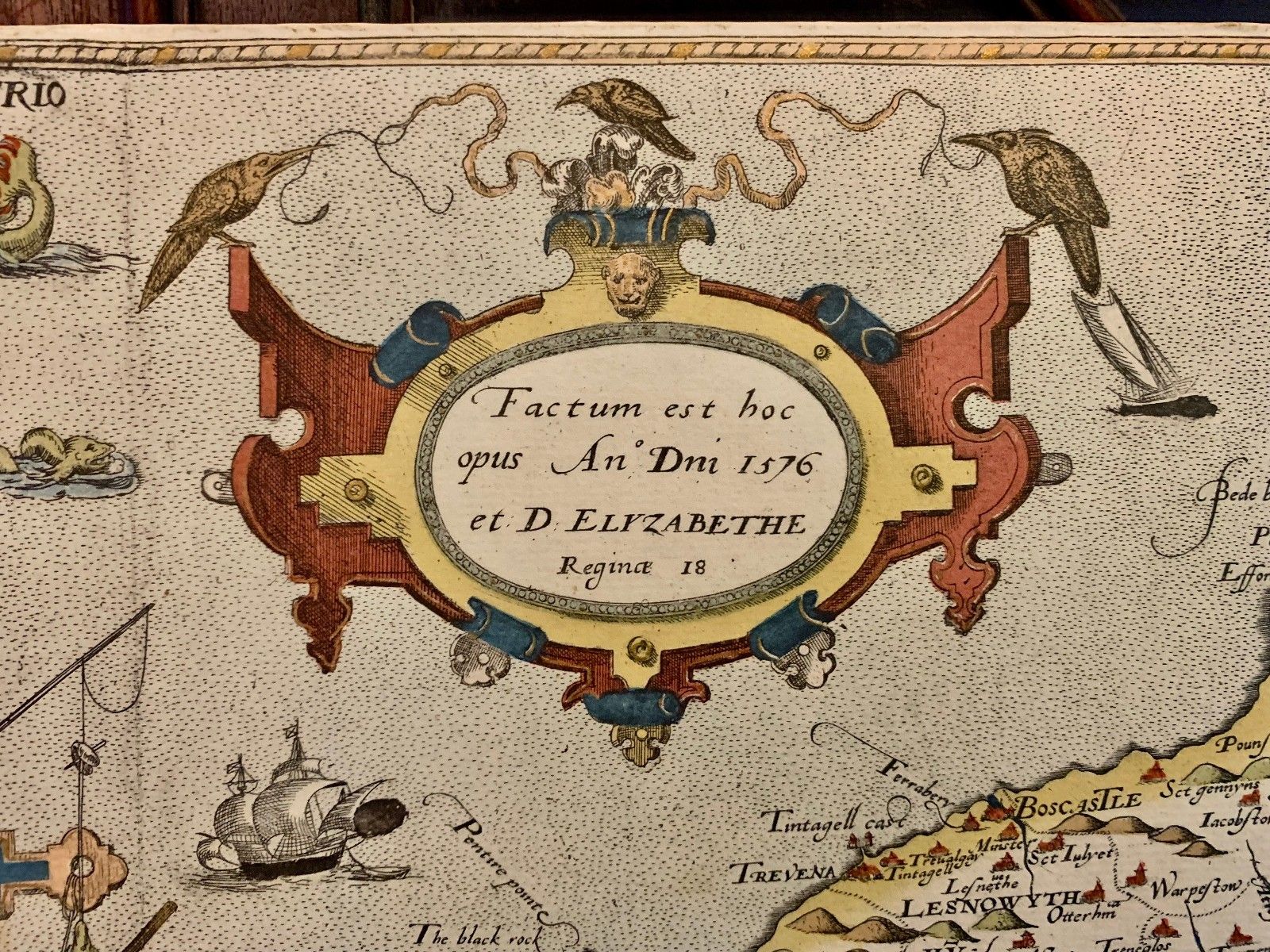 Antique Saxton Map Of Cornwall 1576 British Museum Gilded Hand Coloured Large photo for sale