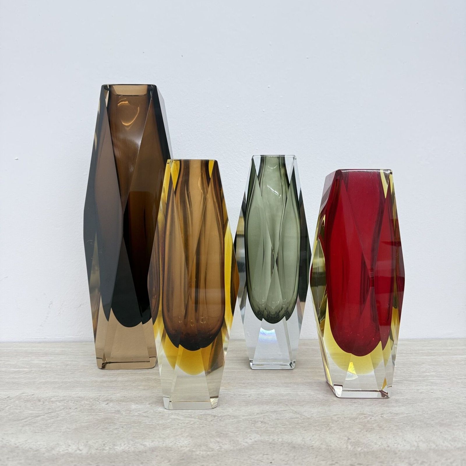 Set Of 4 Murano Sommerso Glass Faceted Vases By Flavio Poli  1970s photo for sale