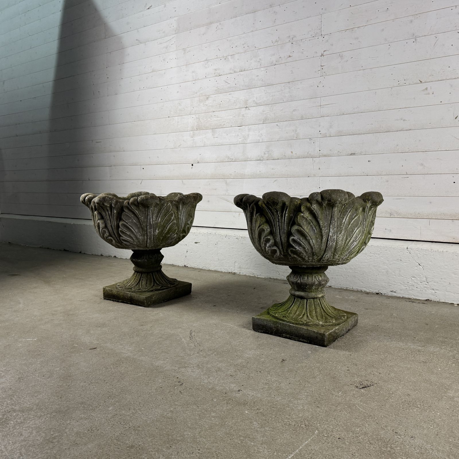 Pair Of Weathered Composition Garden Urns photo for sale