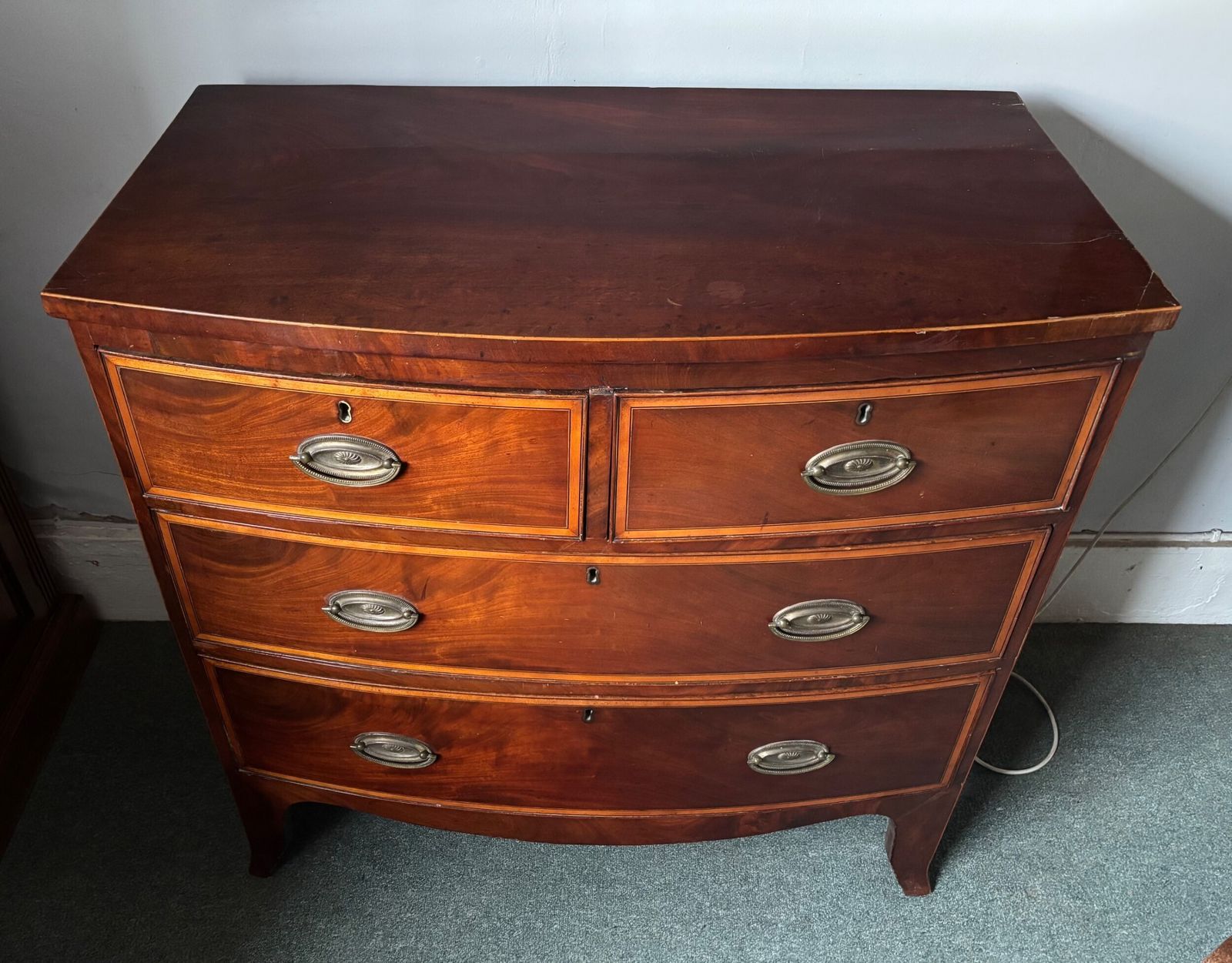 Regency Mahogany And Satinwood Inlaid Small Bow Front Chest Of Drawers photo vinterior