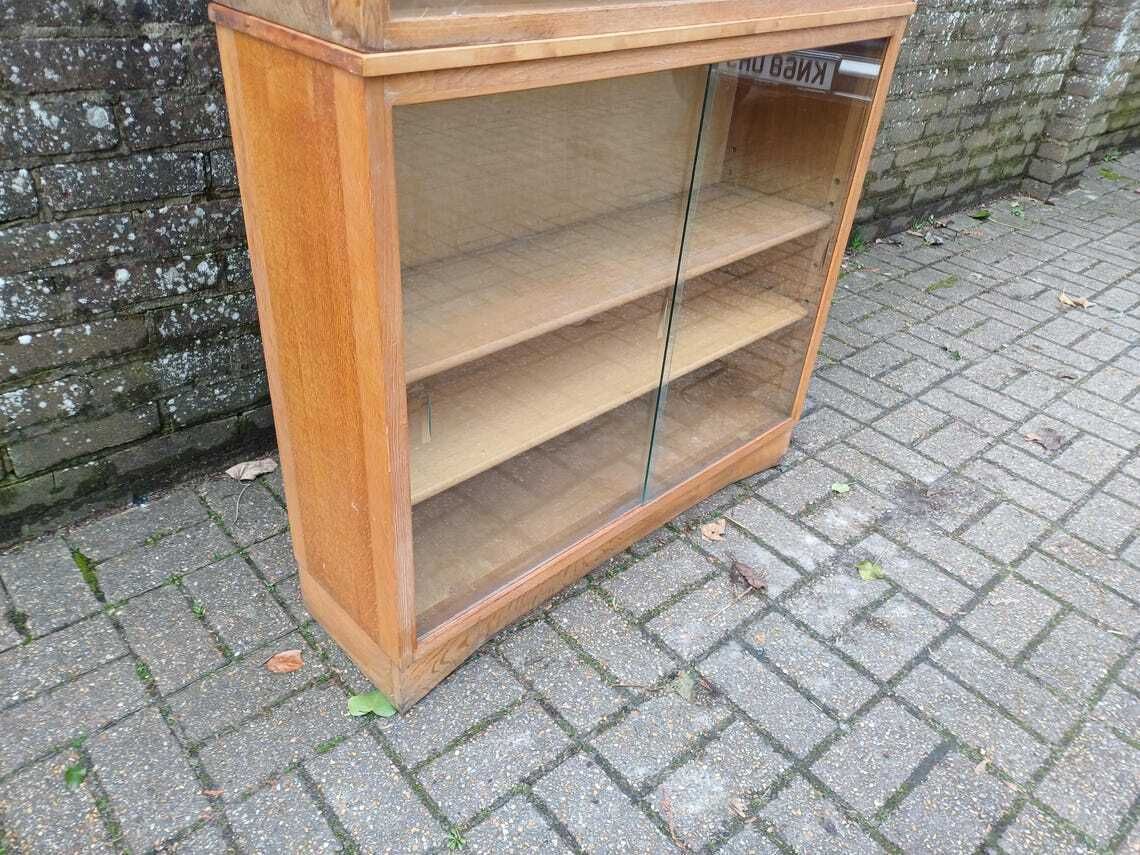 Vintage 1960s Mid Century Oak Display Cabinet Two Piece Bookcase Sliding Glass Doors Adjustable Shelves Retro photo for sale