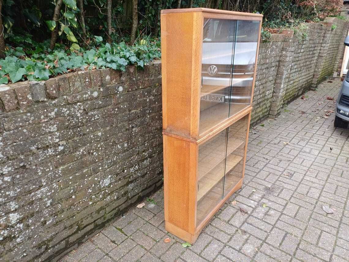Vintage 1960s Mid Century Oak Display Cabinet Two Piece Bookcase Sliding Glass Doors Adjustable Shelves Retro photo 595.0