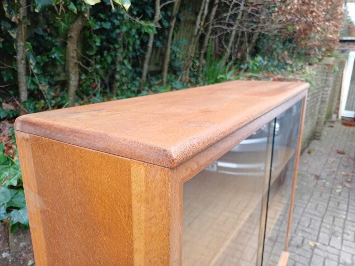 Vintage 1960s Mid Century Oak Display Cabinet Two Piece Bookcase Sliding Glass Doors Adjustable Shelves Retro photo buy