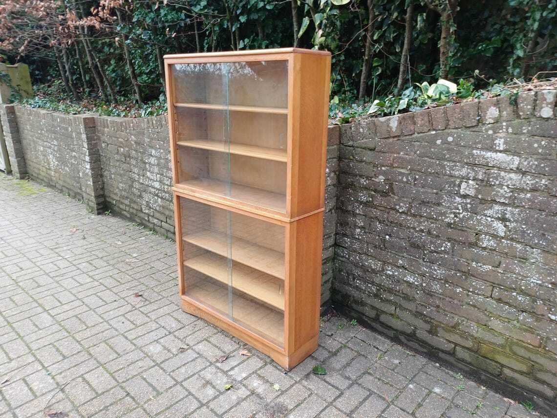 photo furniture Vintage 1960s Mid Century Oak Display Cabinet Two Piece Bookcase Sliding Glass Doors Adjustable Shelves Retro