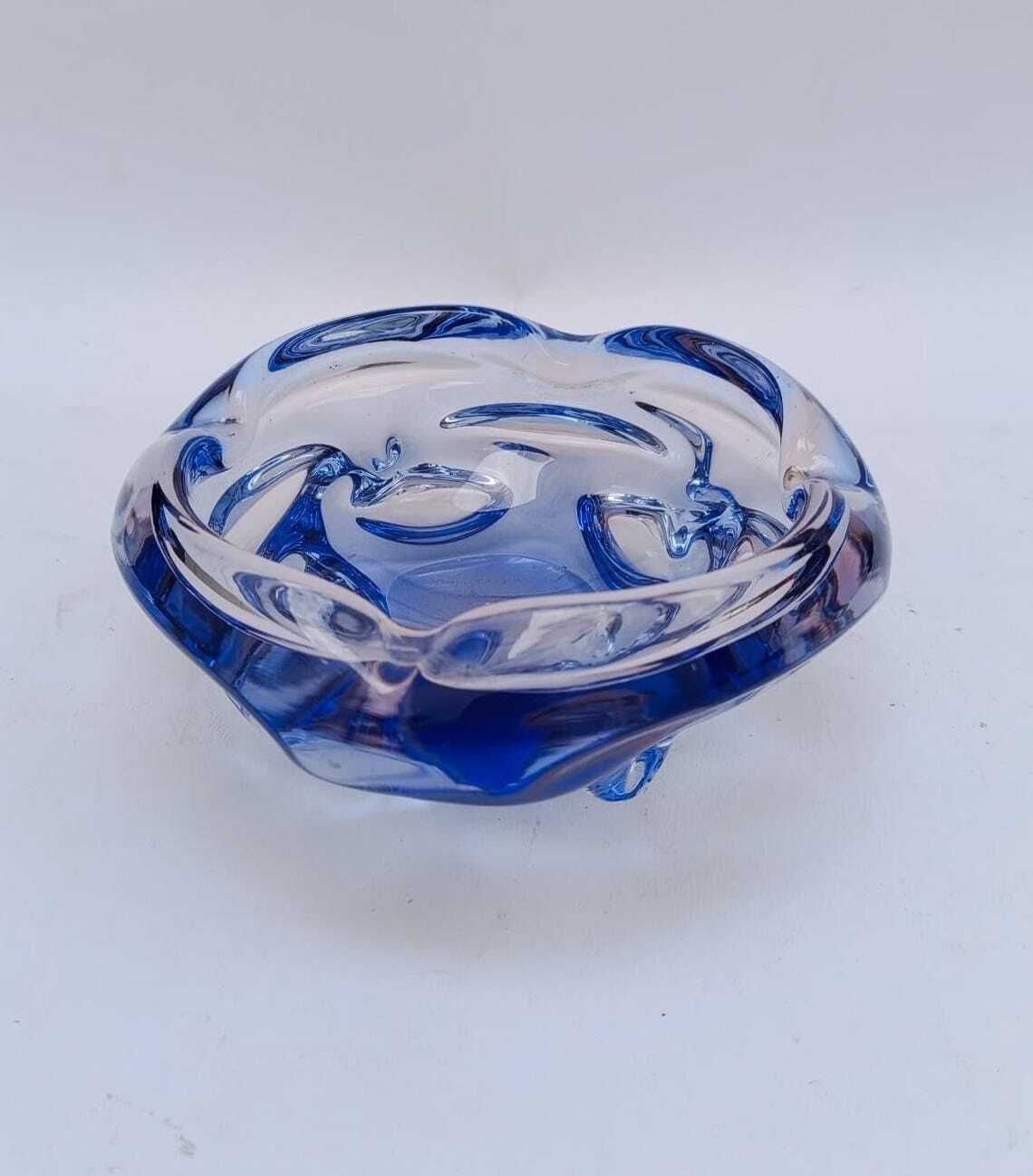 Round Ashtray In Transparent Blue Murano Glass, Vintage Space Age Design