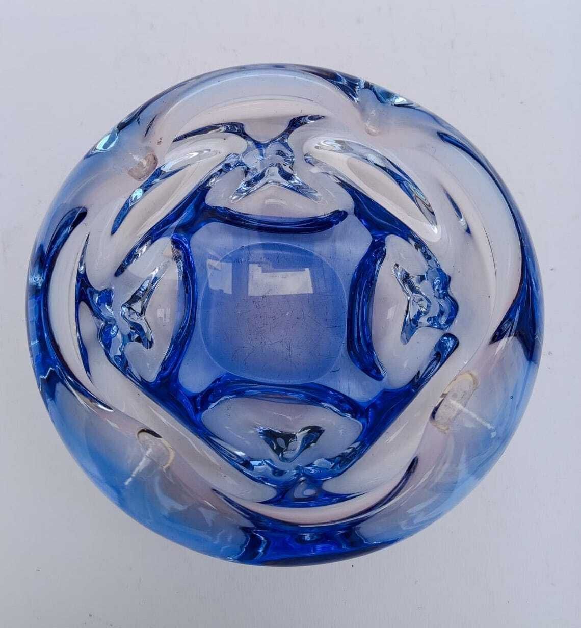 Round Ashtray In Transparent Blue Murano Glass, Vintage Space Age Design photo for sale