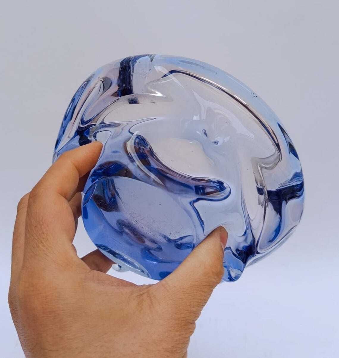 Round Ashtray In Transparent Blue Murano Glass, Vintage Space Age Design photo vinterior