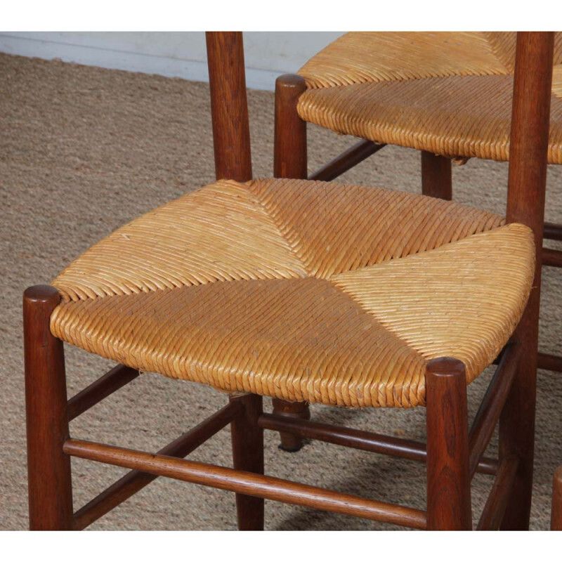 Set Of 4 Wooden Chairs With Straw Seats, French Craftsmanship, 1950 photo for sale
