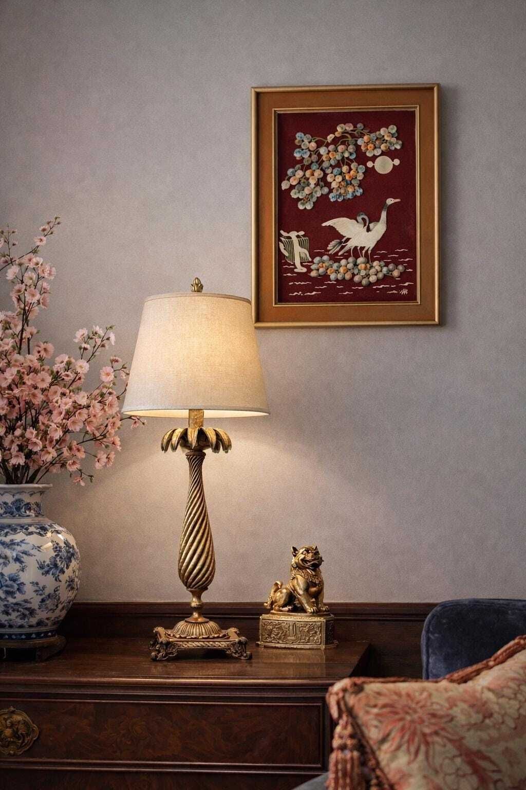 Vintage Japanese Shell Art Framed Crane Picture Chinoiserie Wall Decor photo Art