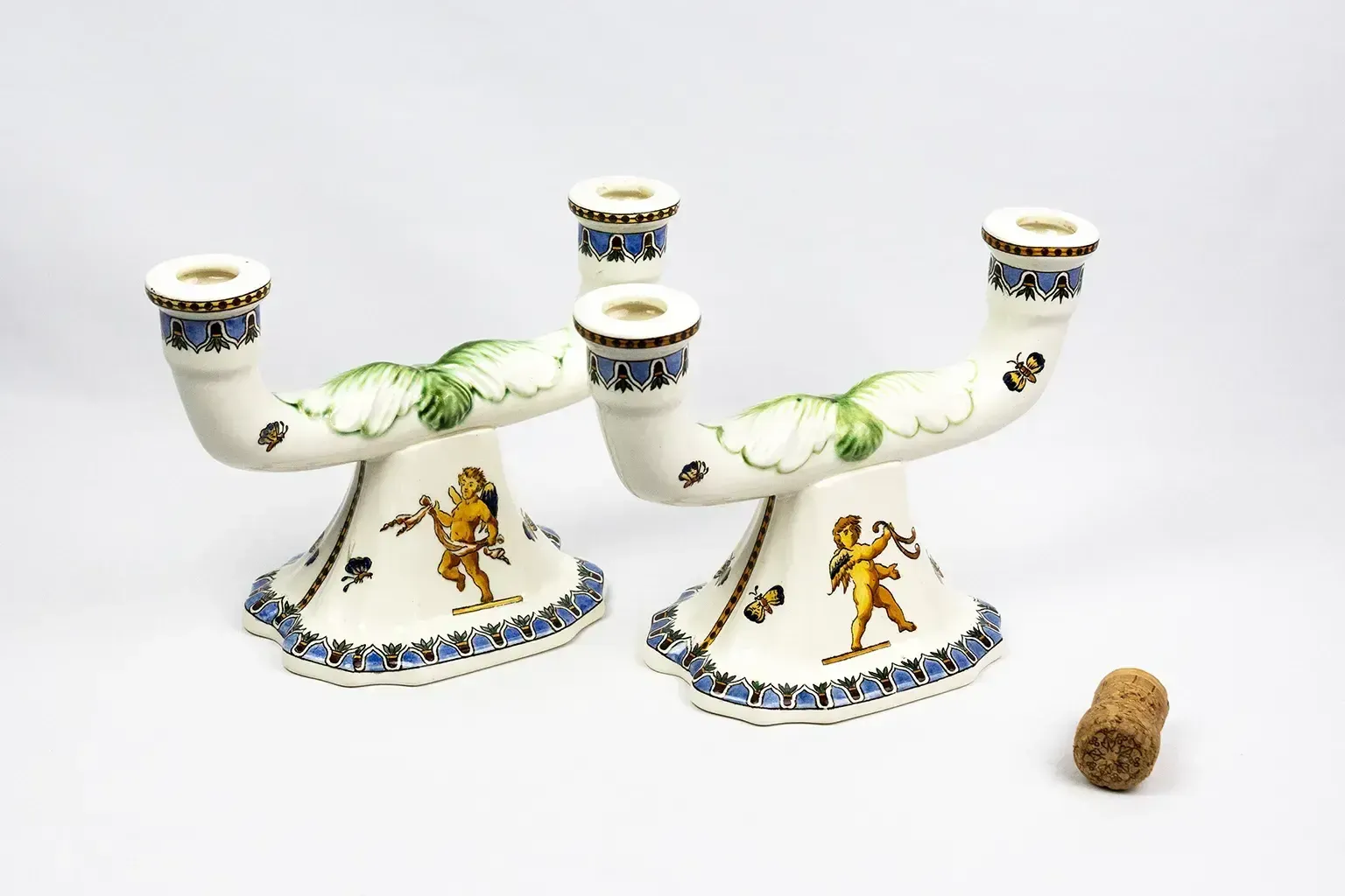 Pair Of Renaissance Style Earthenware Candlesticks – Gien Pottery Factory, 1970s photo vinterior