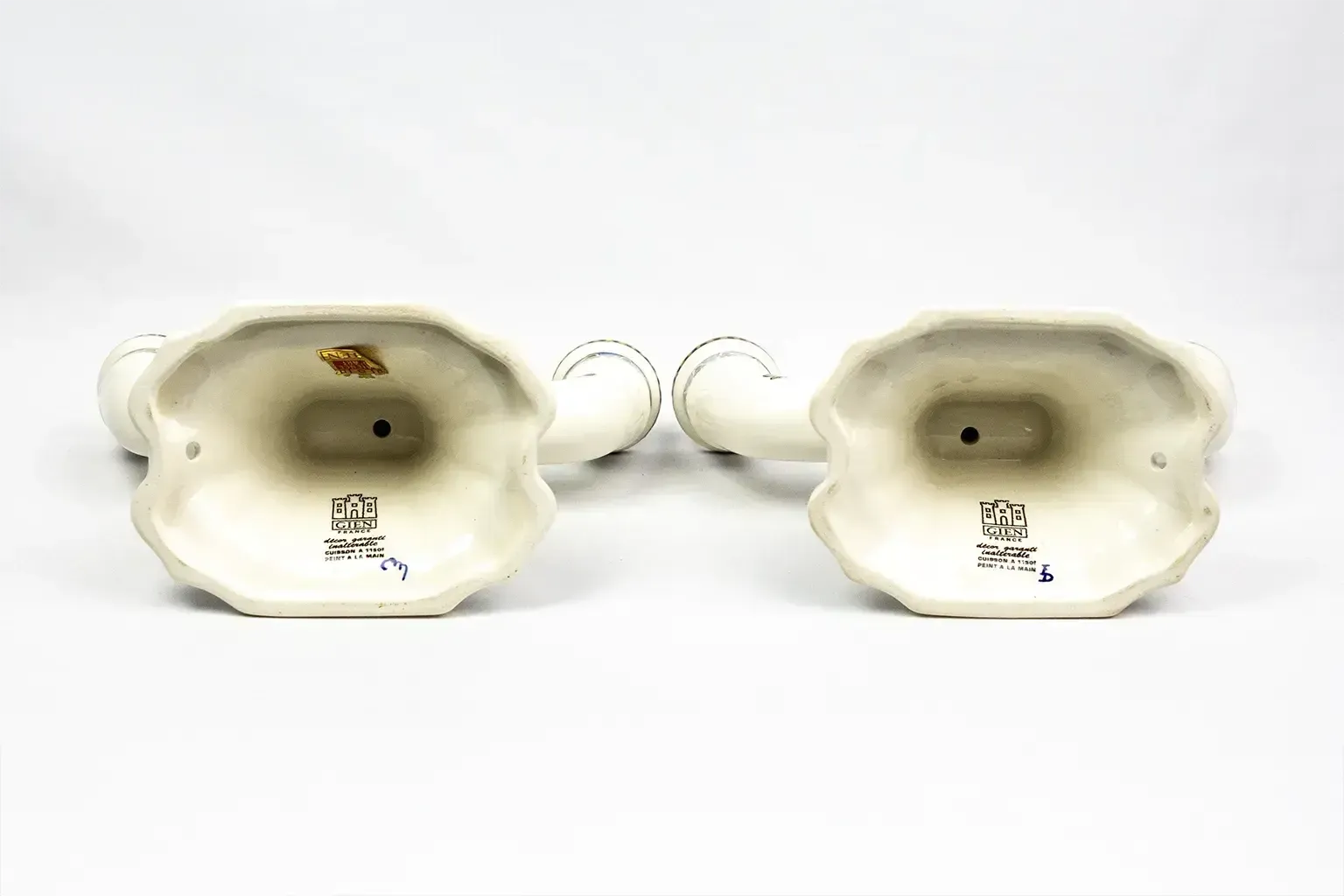 photo for sale Pair Of Renaissance Style Earthenware Candlesticks – Gien Pottery Factory, 1970s