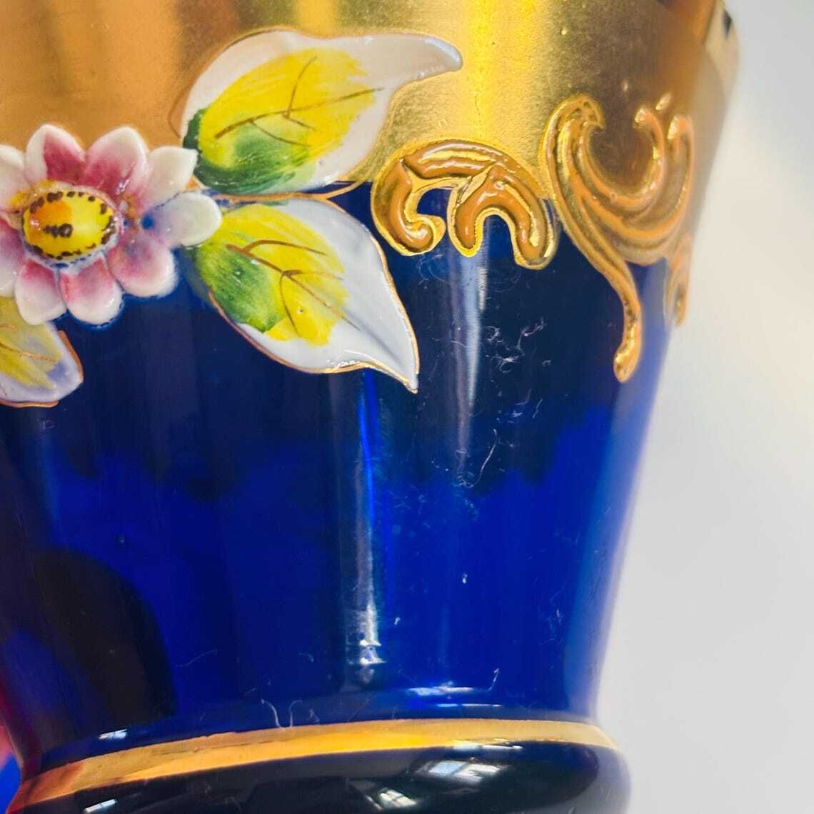 Vintage Venetian Italian Murano Cobalt Blue Glass Tea Cups & Saucers | 24k Gold Floral Enamel photo Home Decor