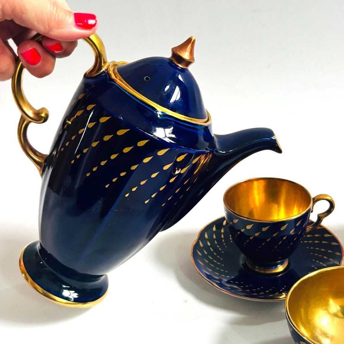 Rare Art Deco Crown Devon Fieldings Cobalt & 24k Gold Teardrop Coffee Service photo 165.0