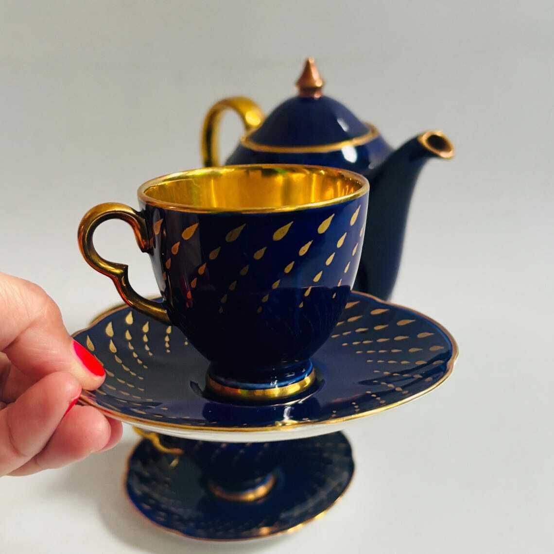 photo buy Rare Art Deco Crown Devon Fieldings Cobalt & 24k Gold Teardrop Coffee Service