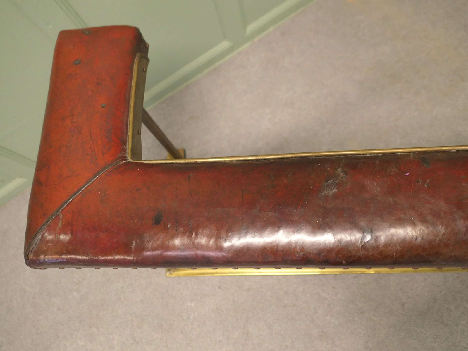 Brass And Red Leather Club Fender This Is A Genuine Piece Of Country House Decorative Fu photo for sale