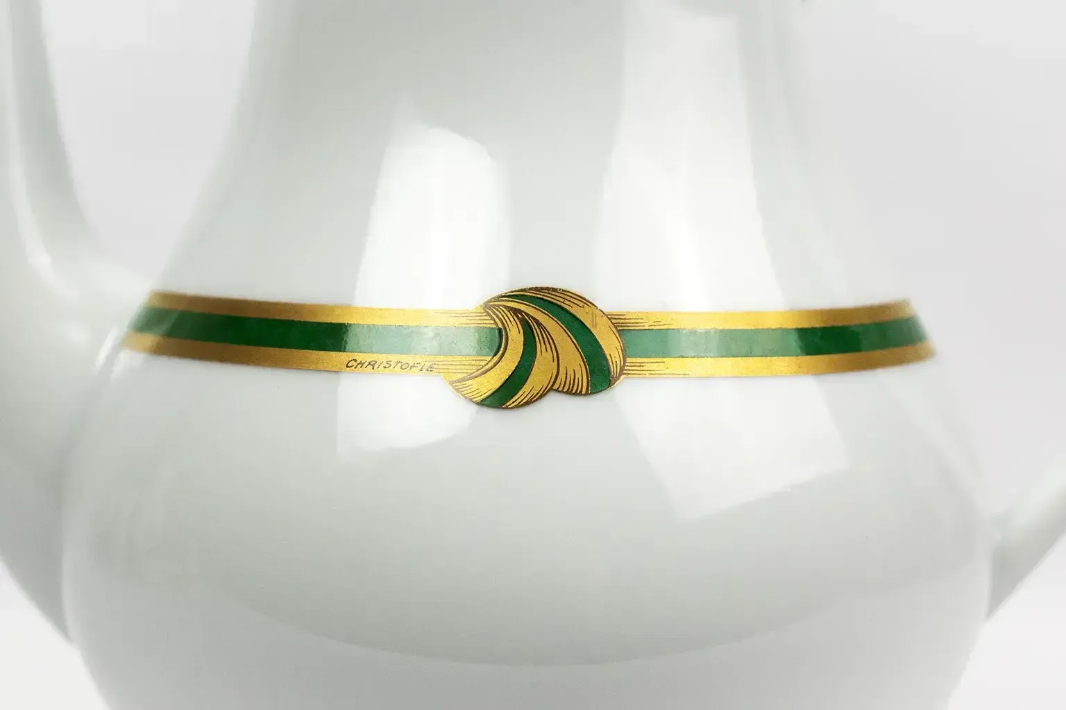 Christofle Paris  Green Ribbon Porcelain Teapot  Green And Gold Enamel Decoration photo 150.0