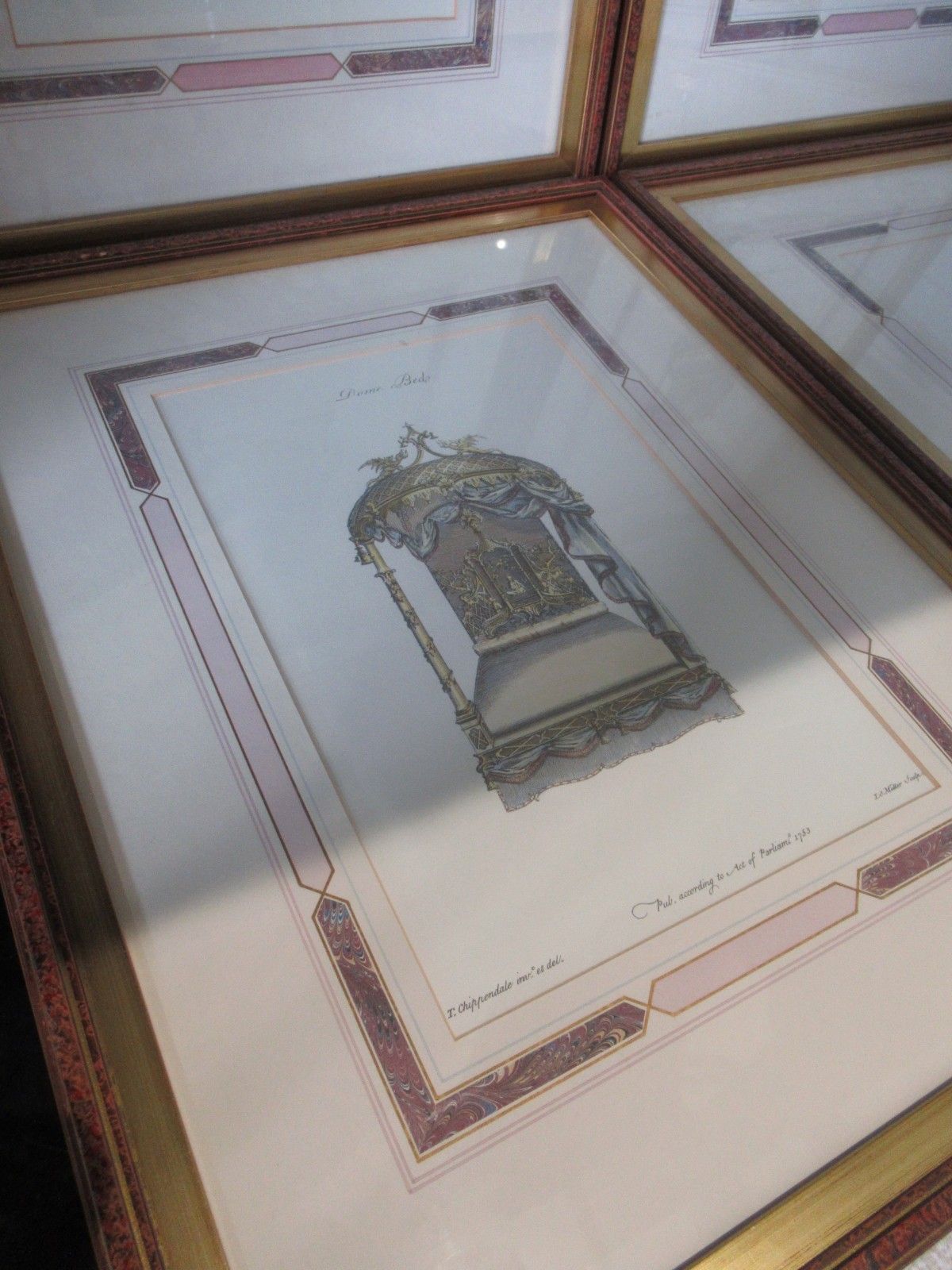 photo for sale Set Of 4 Framed Thomas Chippendale Bed Engraving Prints 1753 Furniture Design