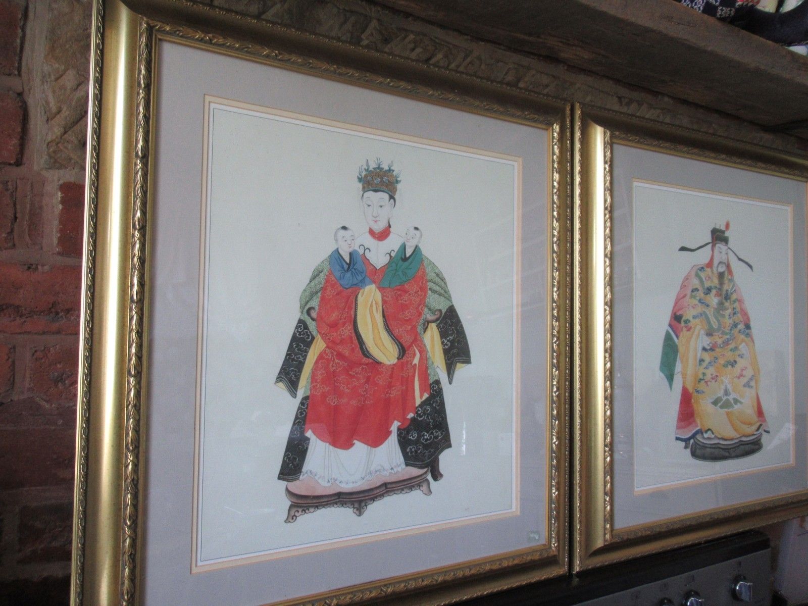 Chines Vtg Prints Emperor In Yellow Kimono Qsu Sun Niang Niang L Mounted Framed