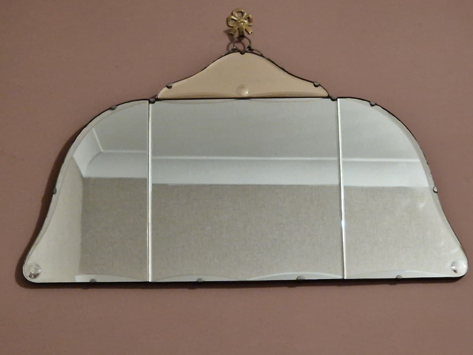 Deco 30s Peach Wall Mirror Wooden Back Og Chain Bevelled Edge Citcle Detail photo furniture
