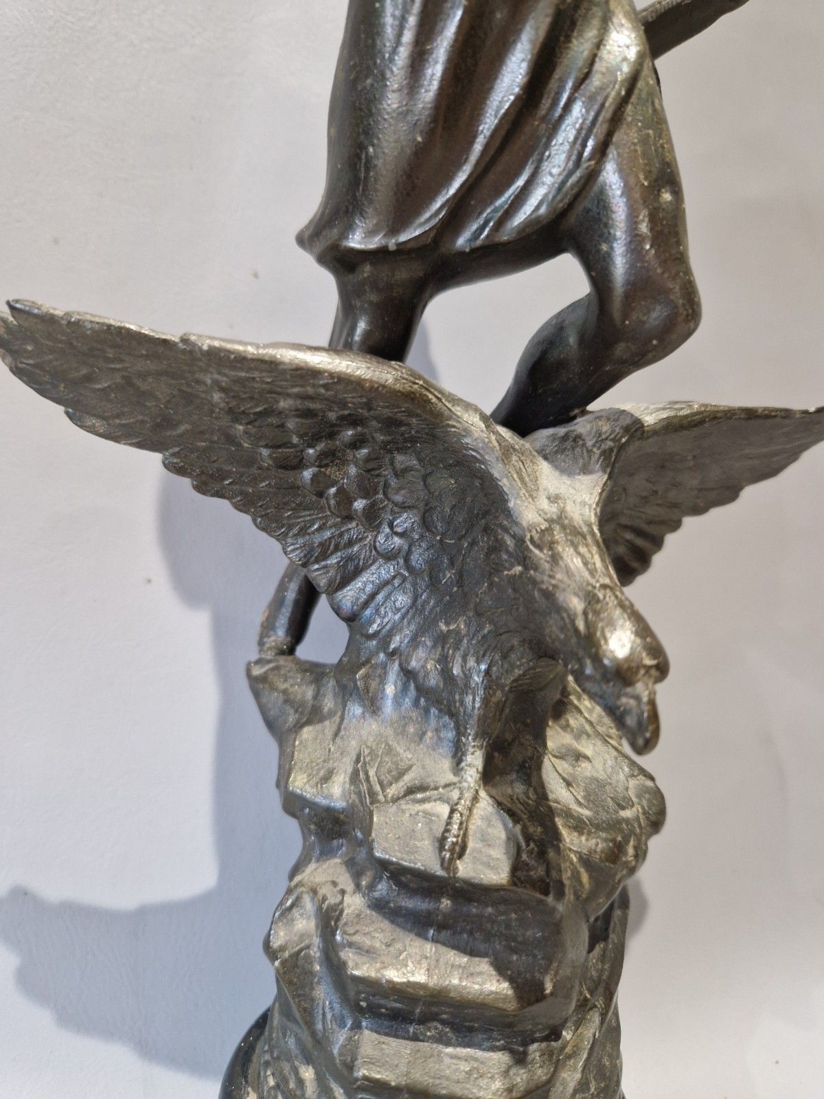 Antique Spelter French Title La Nuit Statue Man On Eagle Wooden Base photo for sale