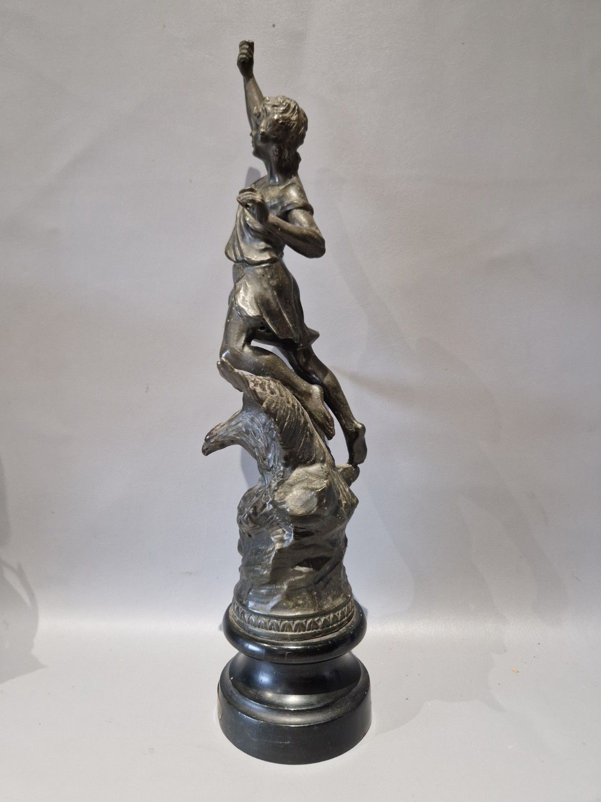Antique Spelter French Title La Nuit Statue Man On Eagle Wooden Base photo vintage