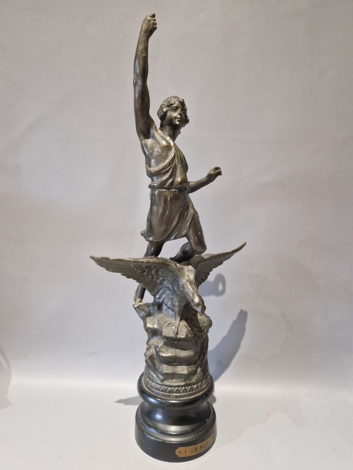 Art Antique Spelter French Title La Nuit Statue Man On Eagle Wooden Base photo