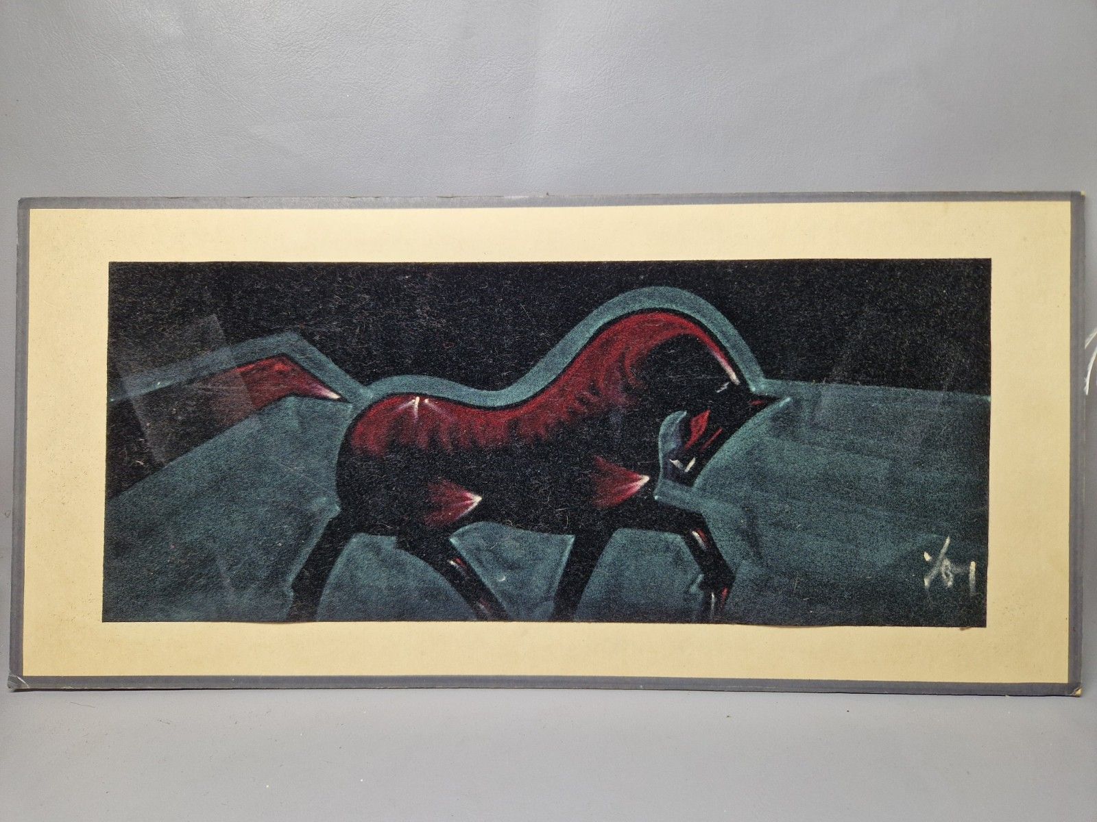 Mid Century Signed Velvet Painting Of A Horse Unframed But Mounted photo 75.0