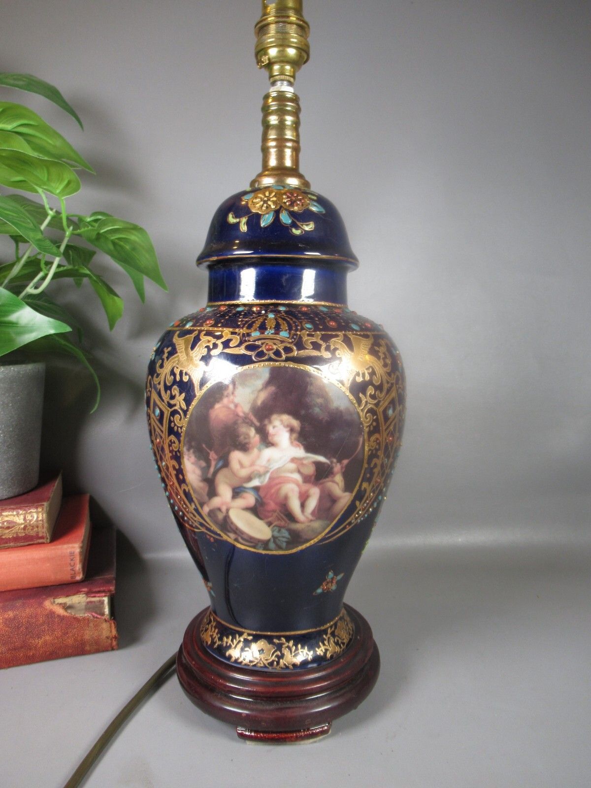 Vintage Vienna Style Cobalt Blue And Gold Bolster Lamp With Classical Scenes