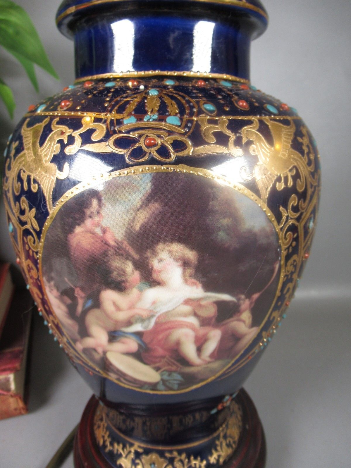 Vintage Vienna Style Cobalt Blue And Gold Bolster Lamp With Classical Scenes photo for sale