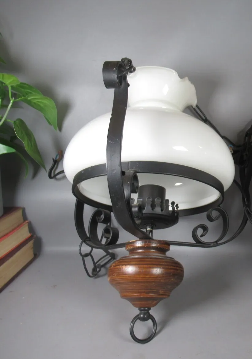 Vintage Electric Ceiling Oil Lanterns Black Metal Wooden Finial White Shade