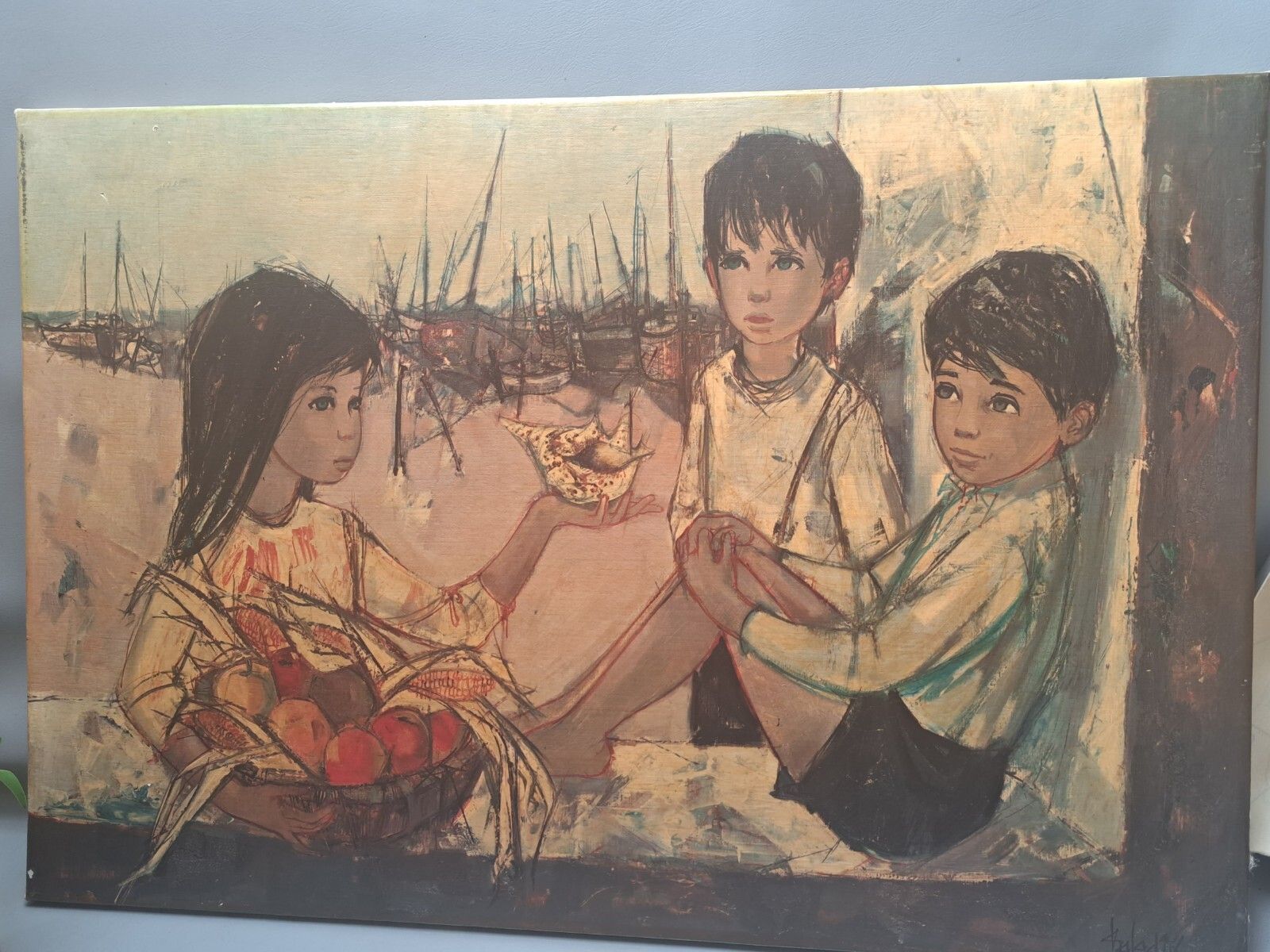Mcm Painted Print Canvas Jean Baptiste Valadie Fishermans Children Modernist photo furniture
