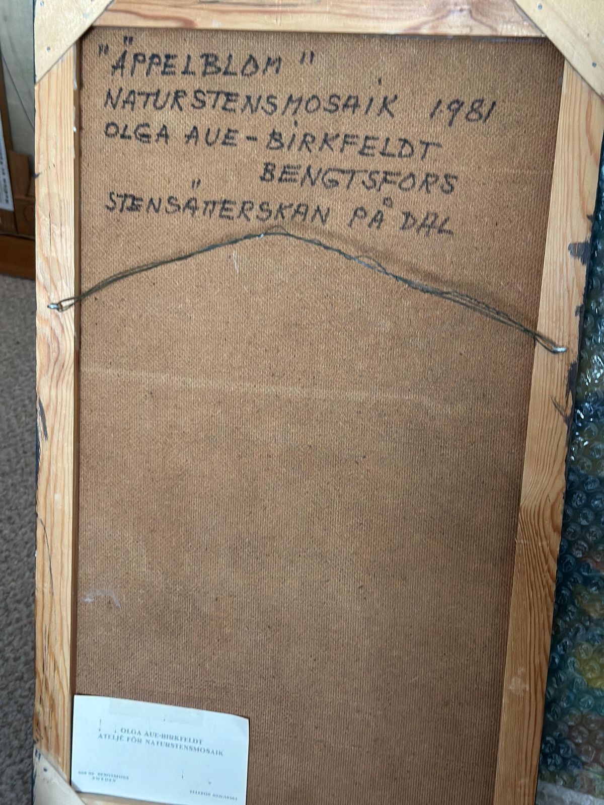 photo buy Original Swedish Stone Work On Panel – “äppelblom” (Apple Blossom)  By Olga Aue‑Birkfeldt – 1981 – Framed – 52 × 32 Cm (20.5" × 12.6")